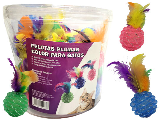 BOLAS GATO JUGUETE LIGHT COLOR CON PLUMAS 5øCMS