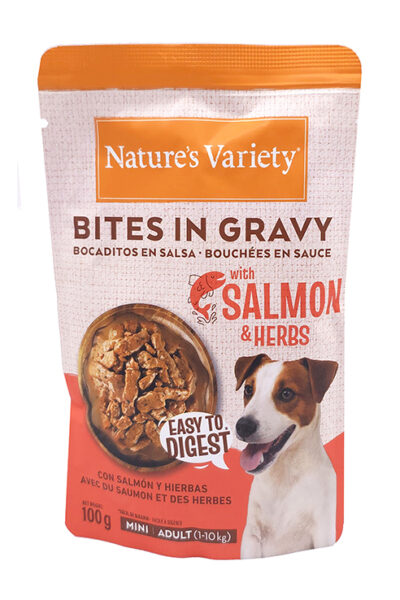 NV DOG BITES IN GRAVY SALMON&HERBS MINI/ADULT 100G SOBRE