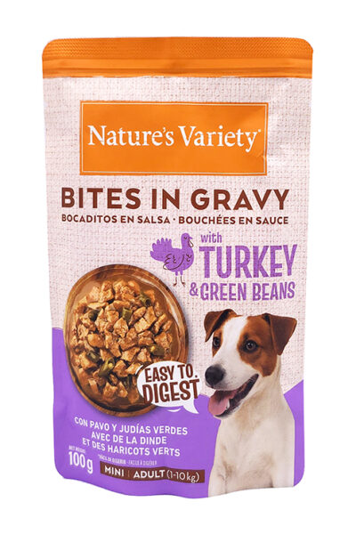 NV DOG BITES IN GRAVY TURKEY&GREEN BEANS MINI/ADULT 100G SOBRE
